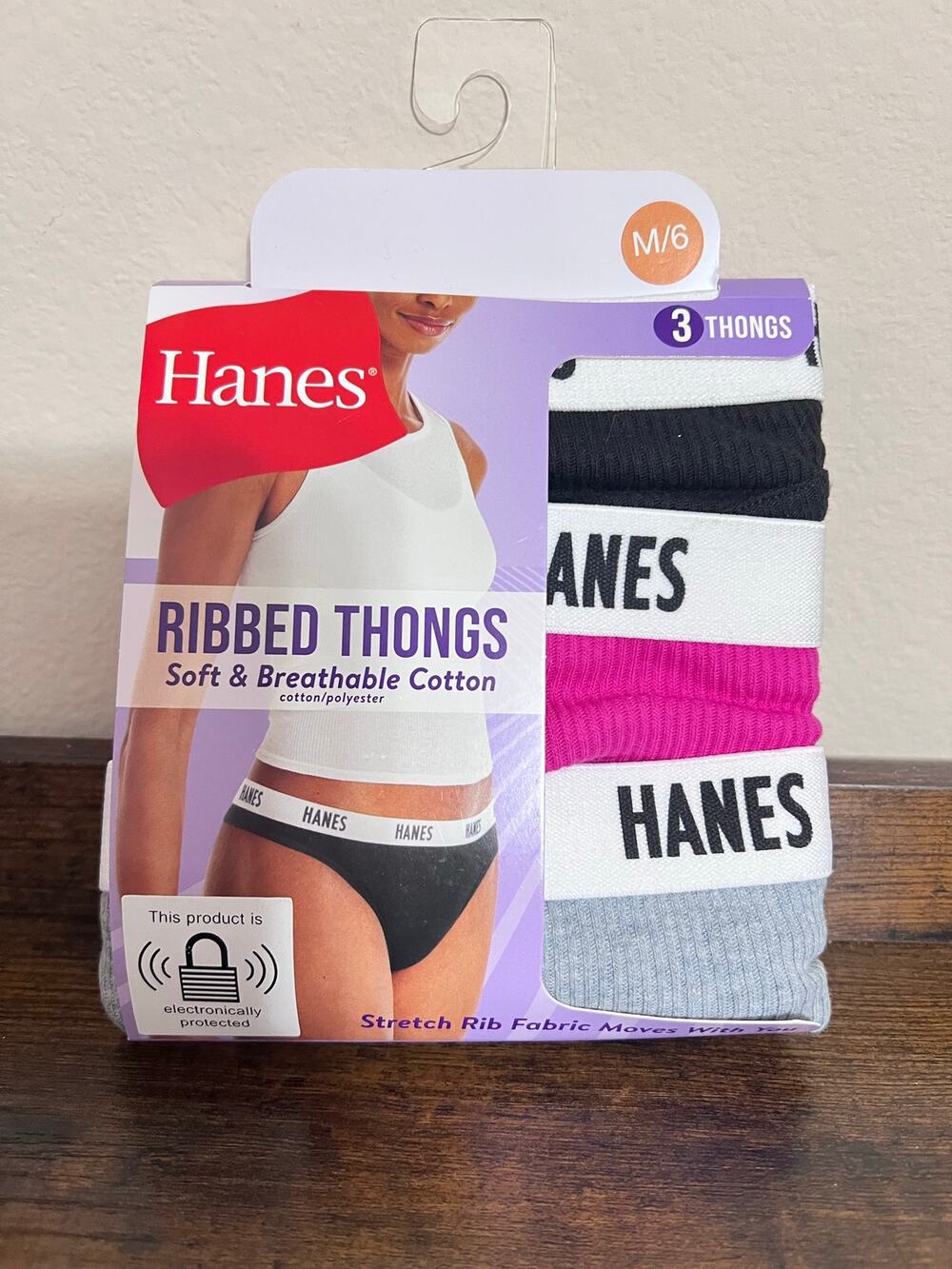 Hanes Women Ribbed Thongs Soft & Breathable Cotton 3-Pack Size M/6